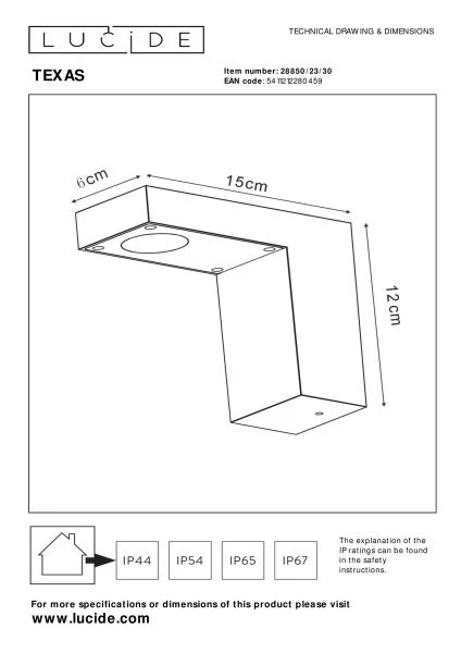 Lucide TEXAS - Wall spotlight Outdoor - LED - 1x7W 3000K - IP54 - Anthracite - technical